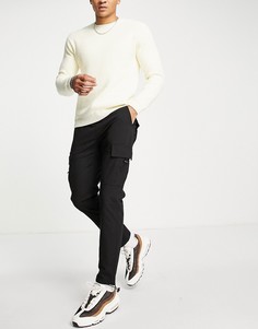 Черные зауженные брюки карго с эластичным поясом Topman-Черный цвет