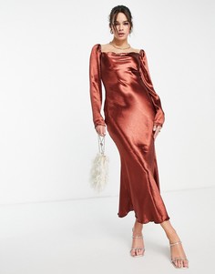 Шоколадно-коричневое атласное платье миди со свободным воротом Urban Threads-Коричневый цвет