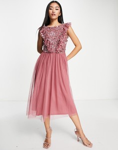 Платье миди приглушенного розового цвета с открытой спиной и декором Maya Bridesmaid-Розовый цвет