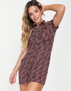Присборенное платье-рубашка мини с цветочным принтом в стиле ретро Wednesdays Girl-Коричневый цвет