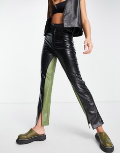 Контрастные брюки из искусственной кожи черного и лаймового цветов Amy Lynn-Черный цвет