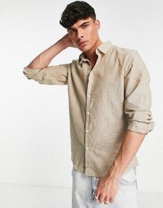 Бежевая приталенная рубашка из смесового органического хлопка с добавлением льна Selected Homme-Светло-бежевый цвет