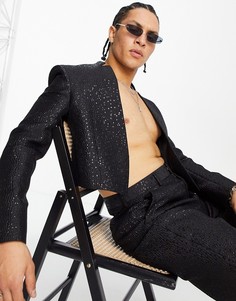 Черный облегающий пиджак без воротника из жаккарда с эффектом металлик ASOS DESIGN