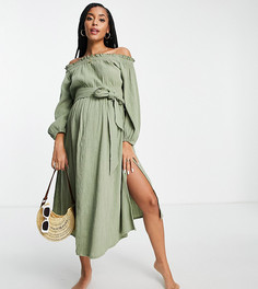 Пляжное платье макси из жатой ткани цвета хаки со спущенными плечами ASOS DESIGN Maternity-Зеленый цвет
