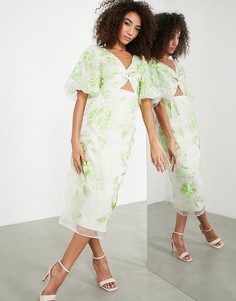 Платье миди из органзы светло-салатового цвета с вышивкой и пышными рукавами ASOS EDITION-Зеленый цвет