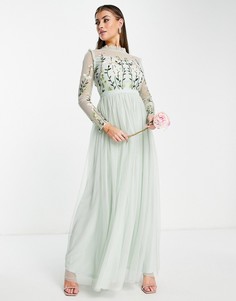 Платье макси светло-лилового цвета с декоративной отделкой на лифе и юбкой в складку Frock and Frill Bridesmaid-Зеленый цвет