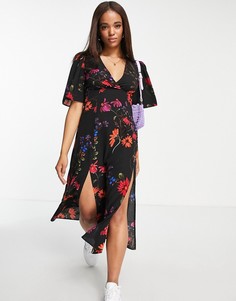 Черное платье миди с рукавами-кимоно и цветочным принтом ASOS DESIGN-Разноцветный