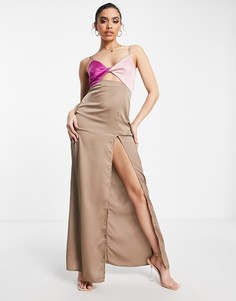 Атласное платье макси с V-образным вырезом и контрастными вставками комбинированных цветов Saint Genies-Разноцветный