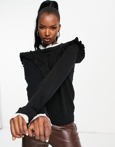 Черный джемпер «2 в 1» с воротником, оборками и подкладкой в виде рубашки QED London-Разноцветный