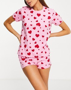 Пижамный комплект с шортами и принтом с сердечками розового и красного цветов Threadbare-Розовый цвет