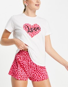 Пижамный комплект с шортами с леопардовым принтом и надписью "Love" розового и серого цвета Threadbare-Розовый цвет