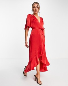 Красное атласное платье макси с расклешенным рукавом и запахом спереди Flounce London-Красный