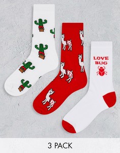 Набор из 3 пар носков до щиколотки с принтом лам и кактусов в стиле дня Св. Валентина ASOS DESIGN-Белый
