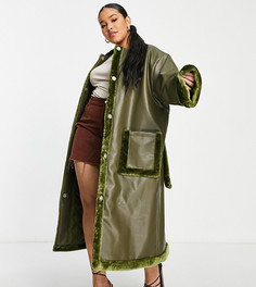 Пальто в стиле oversized из искусственной овчины с высоким воротом и съемным шарфом ASOS DESIGN Curve-Зеленый цвет