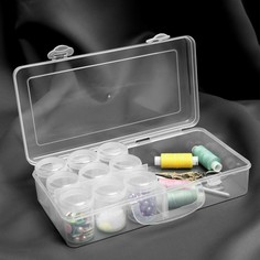 Контейнер для рукоделия, со съёмными ячейками, 5 отделения, 26 × 13 × 6,5 см, 9 баночек, d = 4 × 6 см, 20 гр, цвет прозрачный Арт Узор