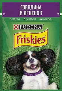 Влажный корм Friskies для взрослых собак, кусочки с говядиной и ягненком в подливе, 85гр