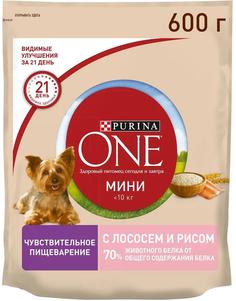 Сухой корм для собак мелких пород Purina ONE МИНИ с чувствительным пищеварением, с лососем и рисом, 600гр