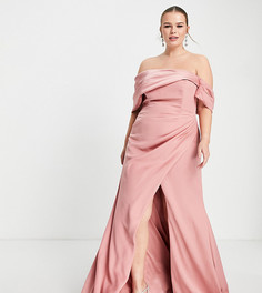 Атласное платье макси пепельно-розового цвета с открытыми плечами, драпировкой и запахом ASOS EDITION Curve-Розовый цвет