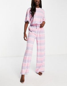 Пижамный комплект в полоску разной ширины розового и фиолетового цветов из футболки и штанов с широкими штанинами ASOS DESIGN-Разноцветный