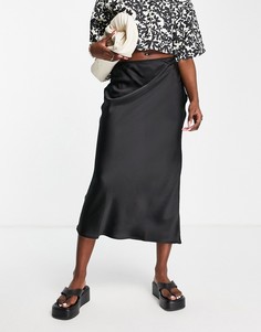 Черная атласная юбка миди косого кроя Topshop-Черный