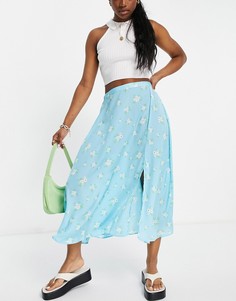 Голубая юбка миди с разрезом сбоку и цветочным принтом JDY-Многоцветный