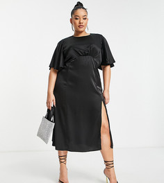 Черное атласное платье миди с расклешенными рукавами AX Paris Plus-Черный