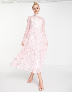 Розовое платье миди с кружевными вставками, сердечками и длинными рукавами Lace & Beads-Розовый цвет