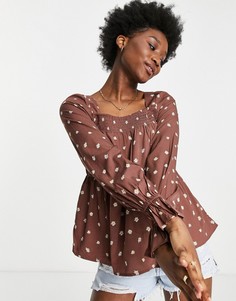 Блузка коричневого цвета с квадратным вырезом, открытыми плечами и цветочной вышивкой Influence-Коричневый цвет