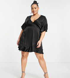 Черное атласное платье с оборками и запахом AX Paris Plus-Черный