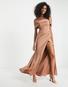 Атласное платье макси цвета мокко с открытыми плечами и запахом ASOS EDITION-Коричневый цвет