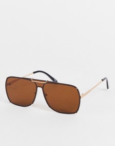 Солнцезащитные очки-авиаторы в золотистой оправе с коричневыми линзами ASOS DESIGN-Коричневый цвет