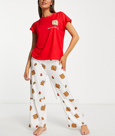 Пижамный комплект с брюками из вафельного трикотажа белого и красного цветов Loungeable-Красный