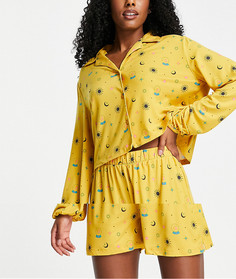 Горчичная пижама с пышным рукавом на манжете, шортами и мелким принтом в виде глаз The Wellness Project x Chelsea Peers-Желтый