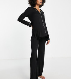 Черный пижамный комплект с посадкой над животиком, отложным воротником и контрастной окантовкой Lindex MOM