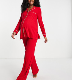 Красный пижамный комплект из топа с отложным воротником и брюк из экологичного материала Lindex Maternity Eco Vero