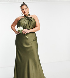 Атласное платье макси оливкового цвета с горловиной халтер ASOS EDITION Curve-Зеленый цвет