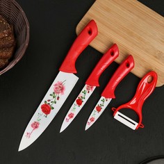 Набор кухонный, 4 предмета: 3 ножа с антиналипающим покрытием, лезвие 8,5 см, 12 см, 20 см, овощечистка, цвет красный NO Brand