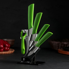 Набор кухонный на подставке, 5 предметов: ножи 7,5 см, 10,5 см, 12,5 см, 15 см, овощечистка, цвет зелёный NO Brand