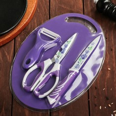 Набор кухонный, 3 предмета: нож, ножницы с антиналипающим покрытием, овощечистка, цвет фиолетовый NO Brand