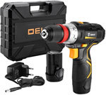 Аккумуляторная дрель-шуруповерт Deko GCD12DU3 Li-Ion в кейсе со съемным патроном, 32 Нм, 2 аккумулят черно-желтый ДЕКО