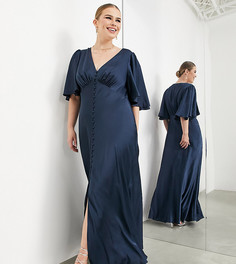 Атласное платье макси темно-синего цвета с расклешенными рукавами и застежкой на пуговицах спереди ASOS EDITION Curve-Темно-синий