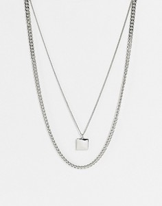 Ожерелье из двух серебристых цепочек с цепочкой панцирного плетения и с подвеской квадратной формы ASOS DESIGN-Серебристый