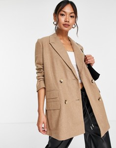 Шерстяной двубортный пиджак бежевого цвета Selected Femme-Коричневый цвет