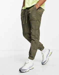 Зауженные брюки цвета хаки со вставками, поясом и кнопками Topman-Зеленый цвет
