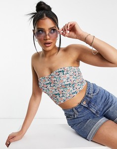 Синий кроп-топ бандо в рубчик с цветочным принтом In The Style-Голубой