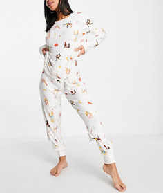 Длинный пижамный комплект кремового цвета с принтом асан йоги The Wellness Project x Chelsea Peers-Белый