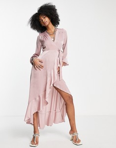 Платье макси нежно-розового цвета с запахом и длинными рукавами Flounce London-Розовый цвет