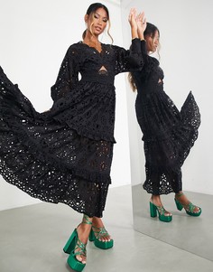 Черное платье миди с V-образным вырезом, вышивкой ришелье и пышными рукавами ASOS EDITION-Черный
