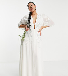Свадебное платье макси цвета слоновой кости с глубоким вырезом и вышивкой Hope & Ivy Plus Bridal-Белый