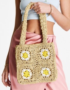 Бежевая сумка‑тоут из соломки в стиле кроше с подсолнухами ASOS DESIGN-Светло-бежевый цвет